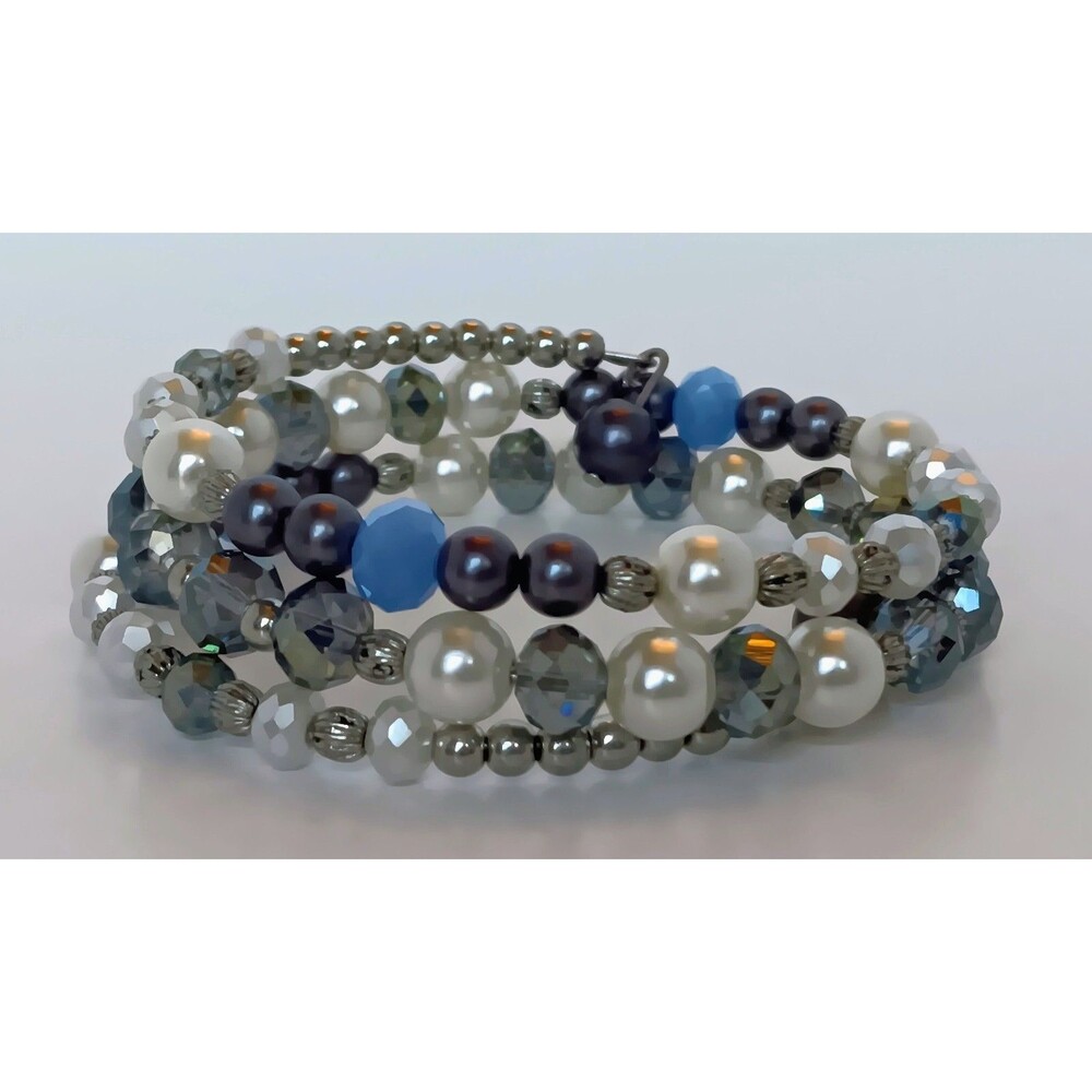 Roman Faux Pearl Blue AB Crystal Memory Wire Bracelet adj
